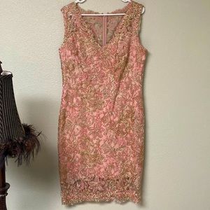 Tadashi Shoji Pink and Gold Lace Midi Dress